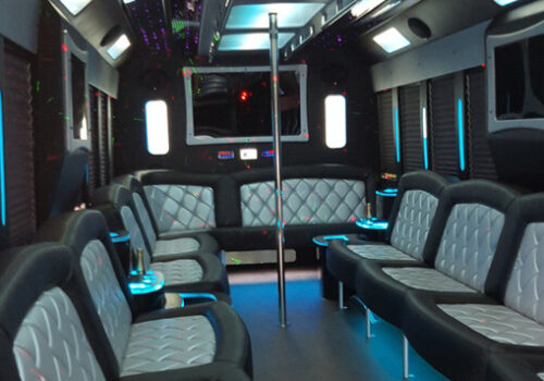 Party bus interior with Green lights