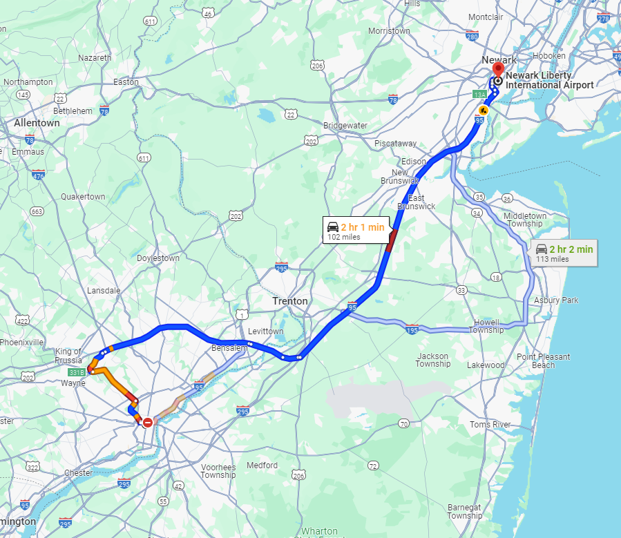 routes from Philadelphia to Newark Airport