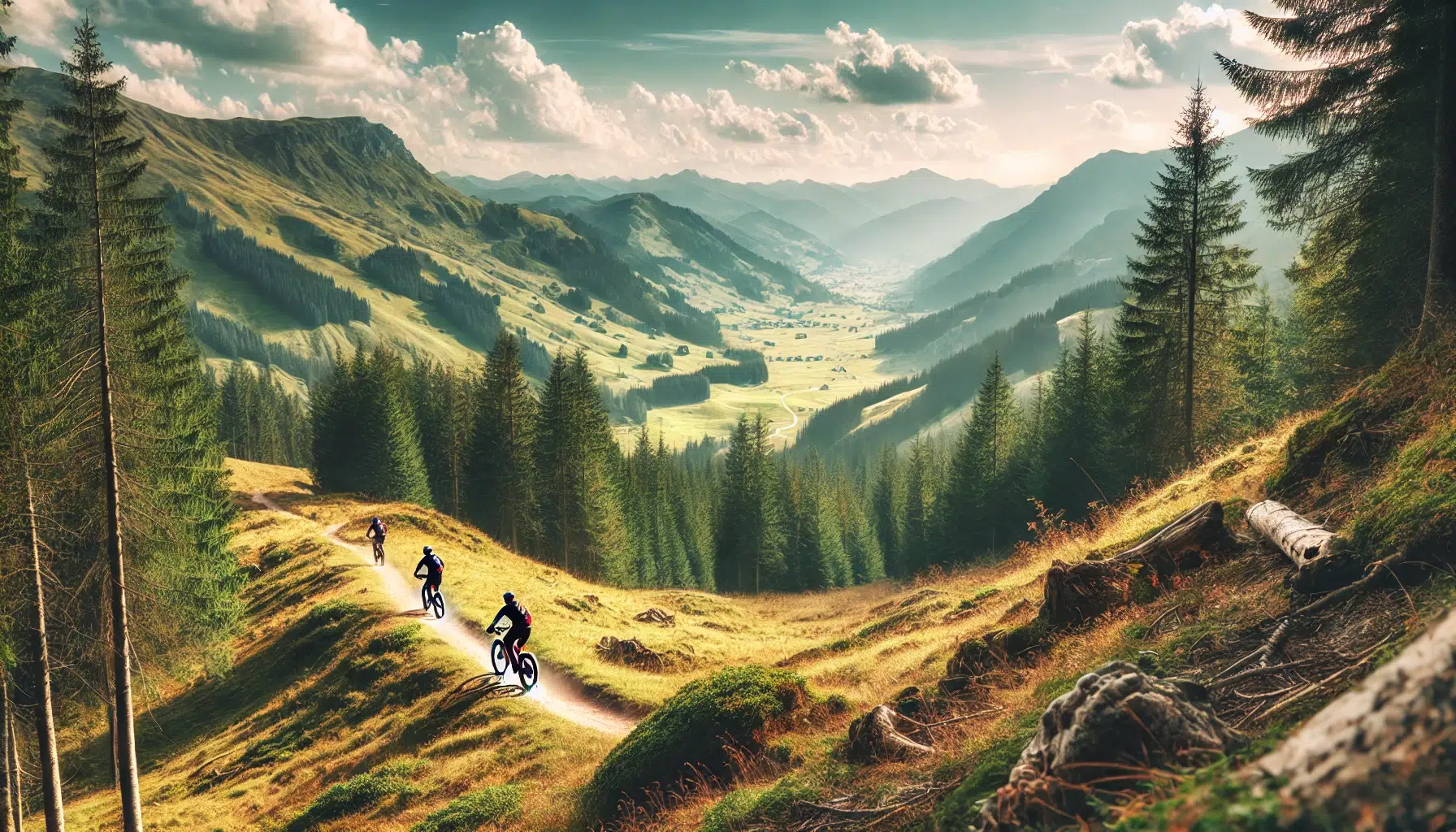 Mountain bikers riding on trails surrounded by the natural beauty of Alpine Valley, with lush trees and rolling hills in the background